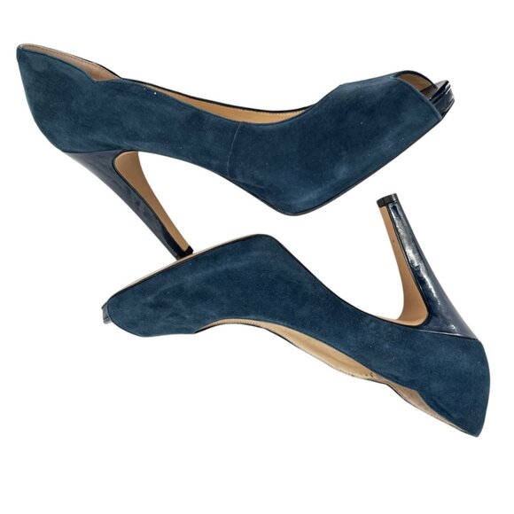 Nine West Portofino Blue Suede Leather Peep Toe 4 Inch Pumps Size 10 - Picture 3 of 16